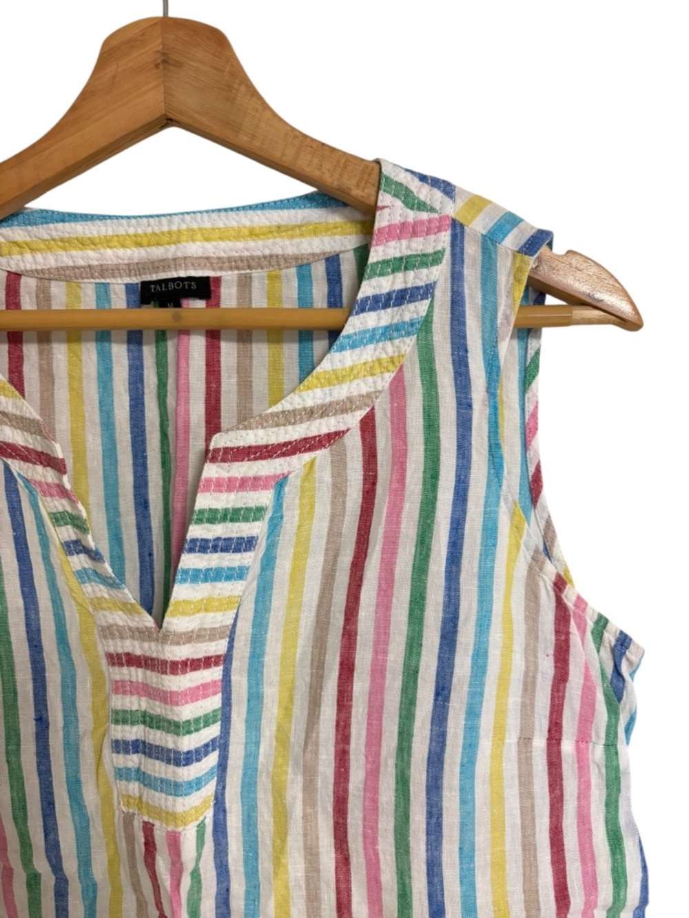 Talbots colorful rainbow striped sleeveless V neck Spring linen tank top size M - Picture 7 of 11